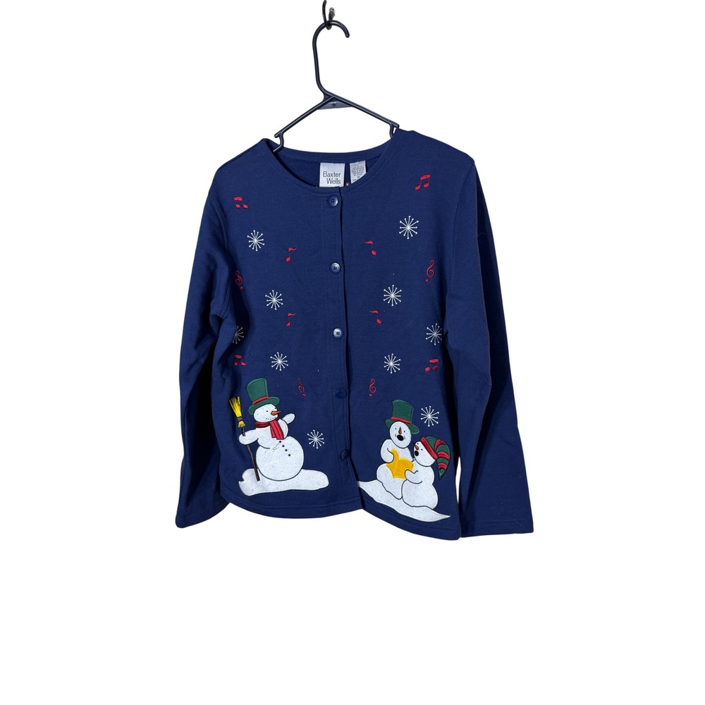 Baxter Wells Navy Blue Snowman Embroidered Fleece Cardigan Holiday Top Womens M